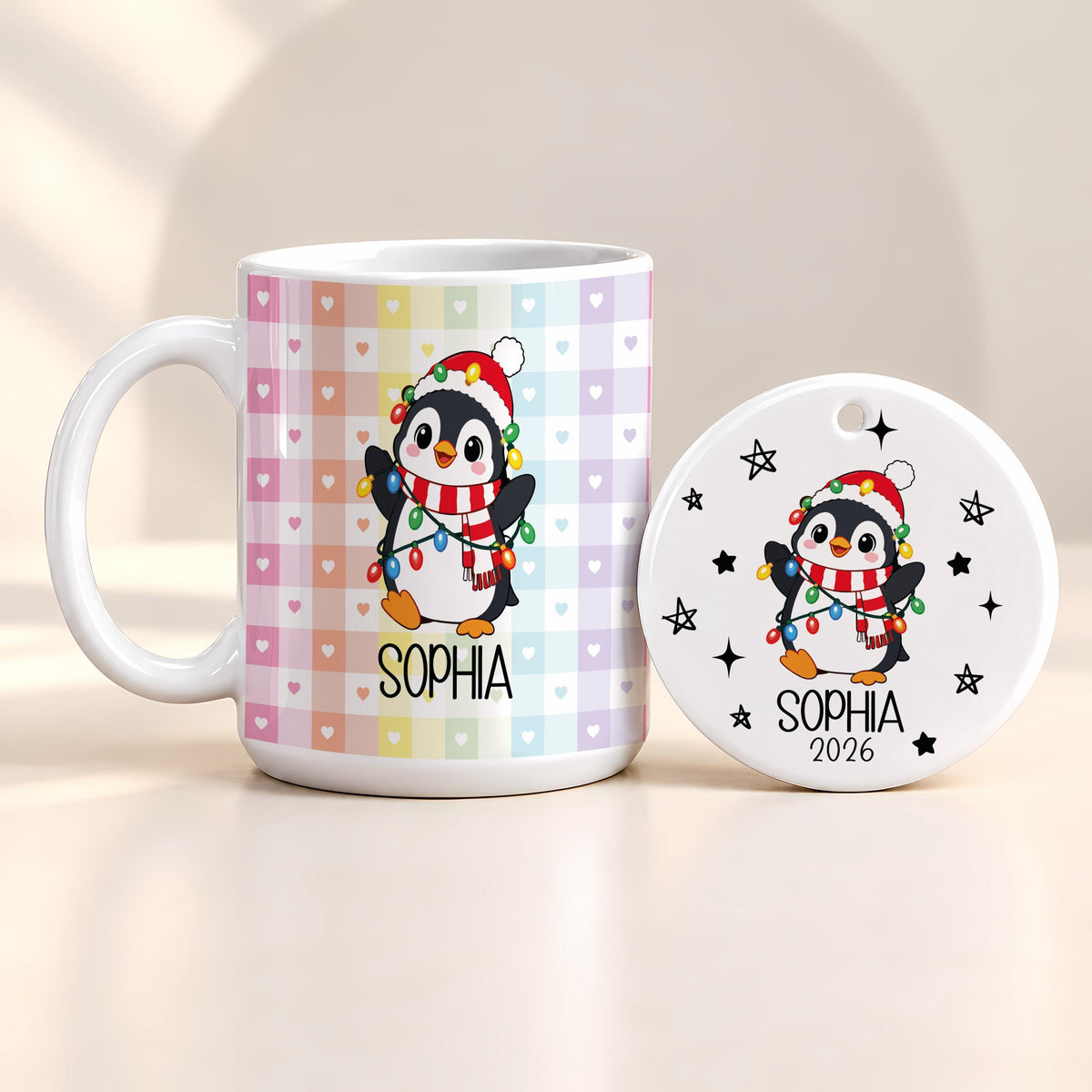 Custom Name Santa Hat Animals Mug & Ornament Set, Personalized Christmas Ceramic Mug