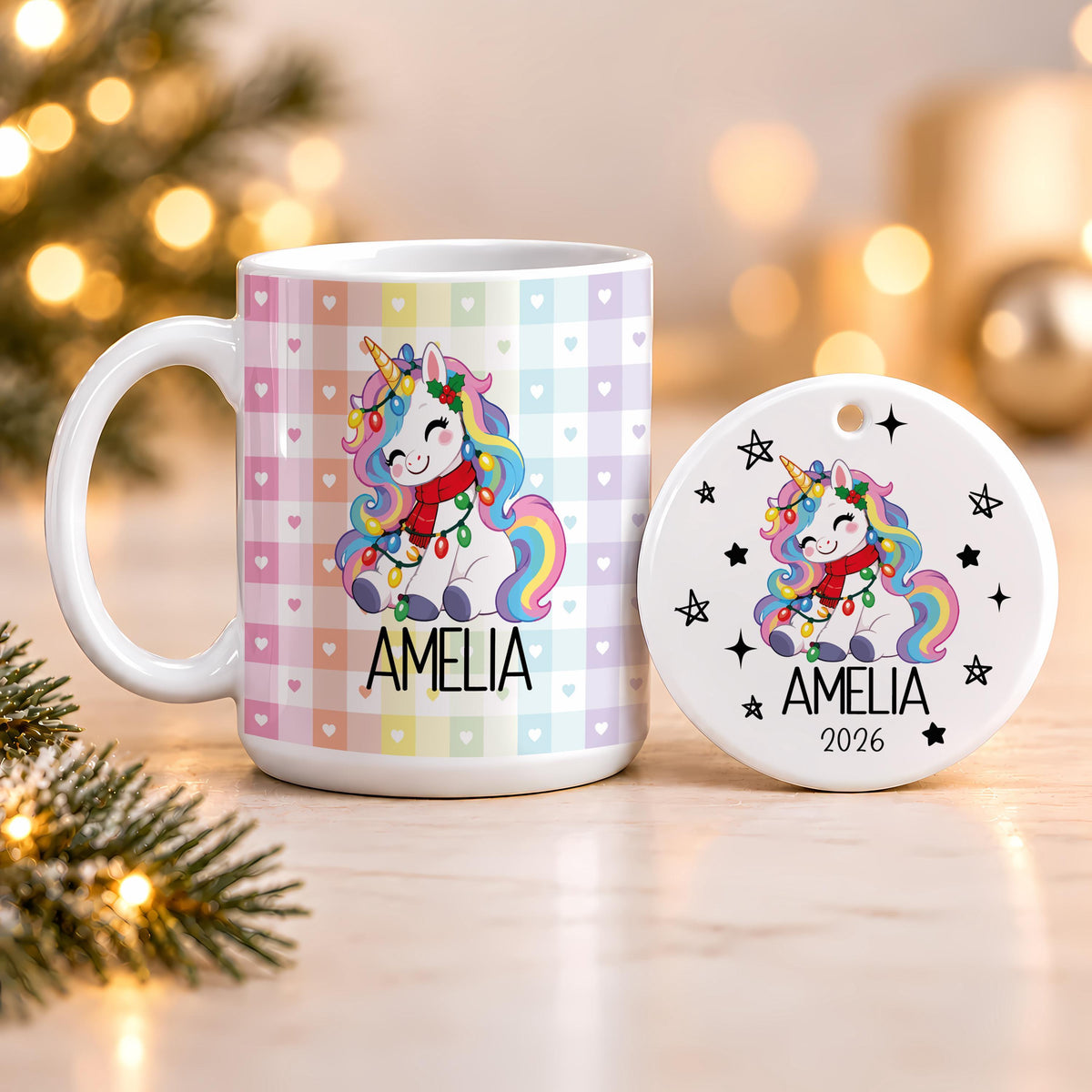 Custom Name Santa Hat Animals Mug & Ornament Set, Personalized Christmas Ceramic Mug