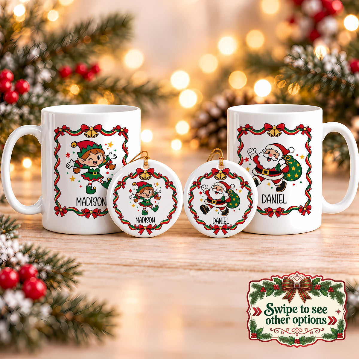 Personalized Retro Christmas Characters Mug & Ornament Set, Custom Name Ceramic Mug