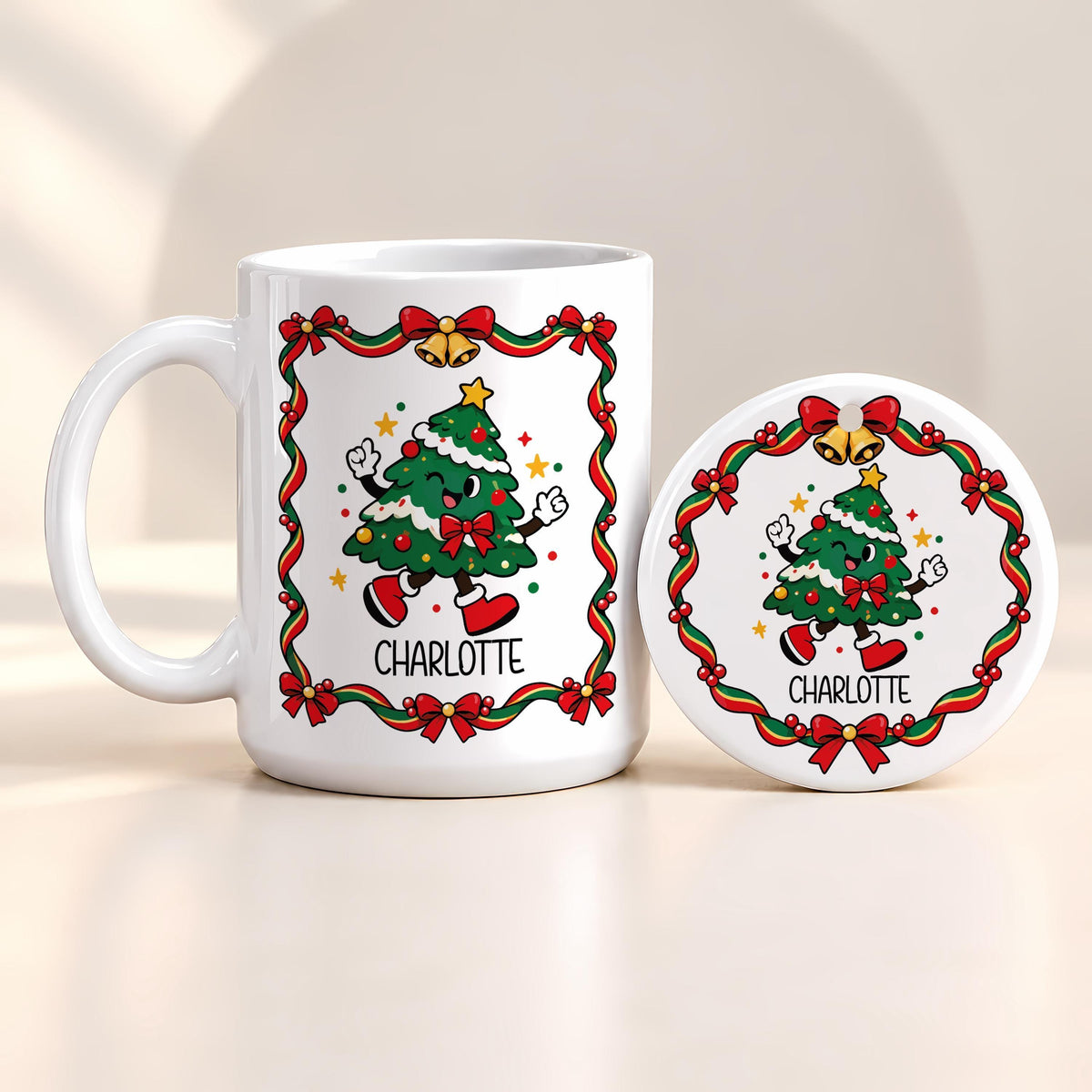 Personalized Retro Christmas Characters Mug & Ornament Set, Custom Name Ceramic Mug