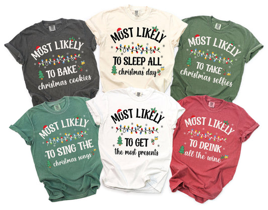 Most Likely To Christmas Lights Comfort Colors® Shirt, Custom Text Group Tee