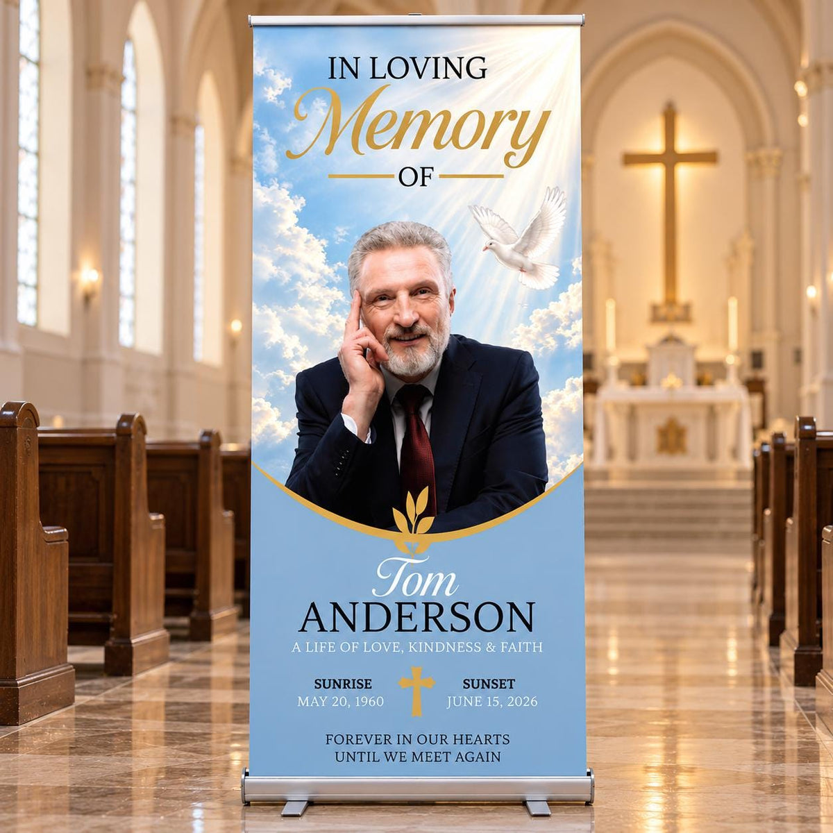 Personalized Memorial Roll-Up Banner, Sky and Floral Celebration of Life Photo Display