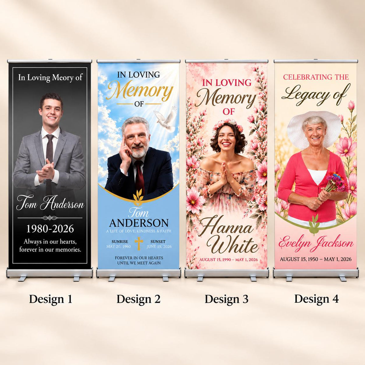 Personalized Memorial Roll-Up Banner, Sky and Floral Celebration of Life Photo Display