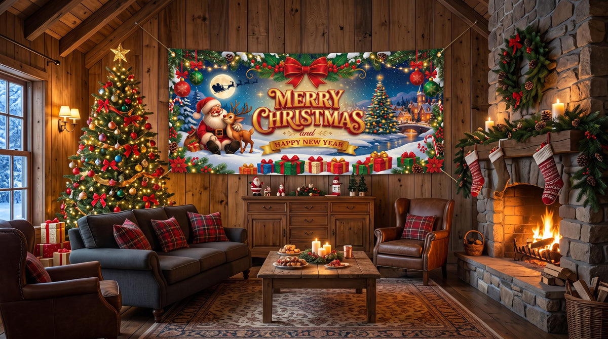 Merry Christmas and Happy New Year Banner, Santa and Reindeer Holiday Banner
