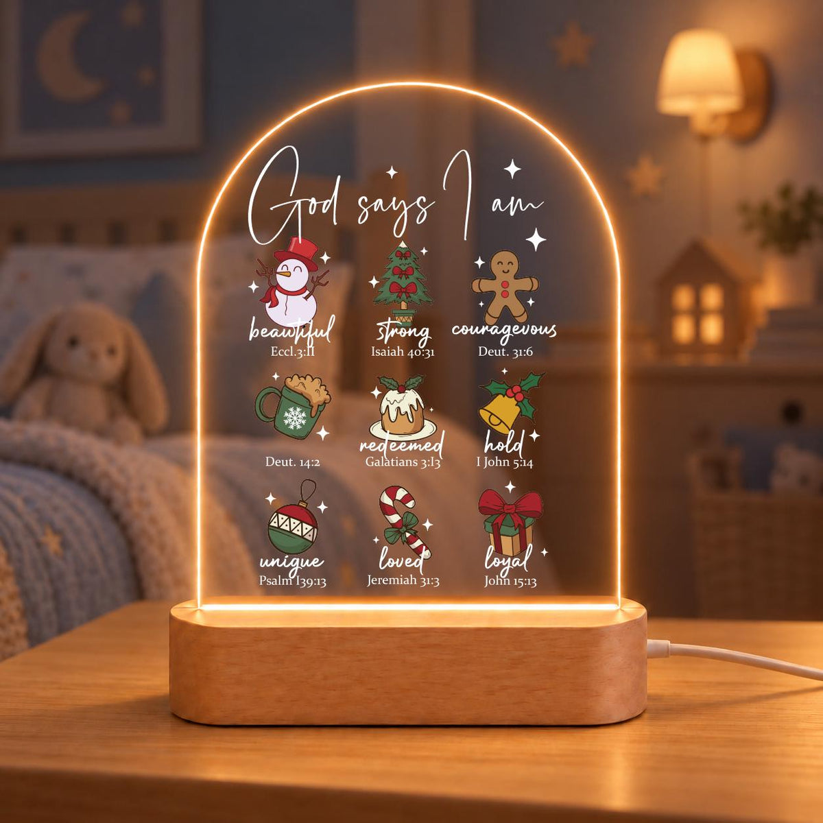Christian Christmas Night Light, “God Says I Am” Bible Verse Acrylic LED Lamp