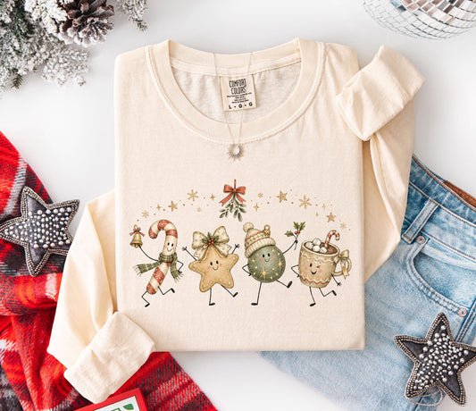 Christmas Doodle Comfort Colors® Long Sleeve, Coquette Bow Xmas Cookie T-Shirt