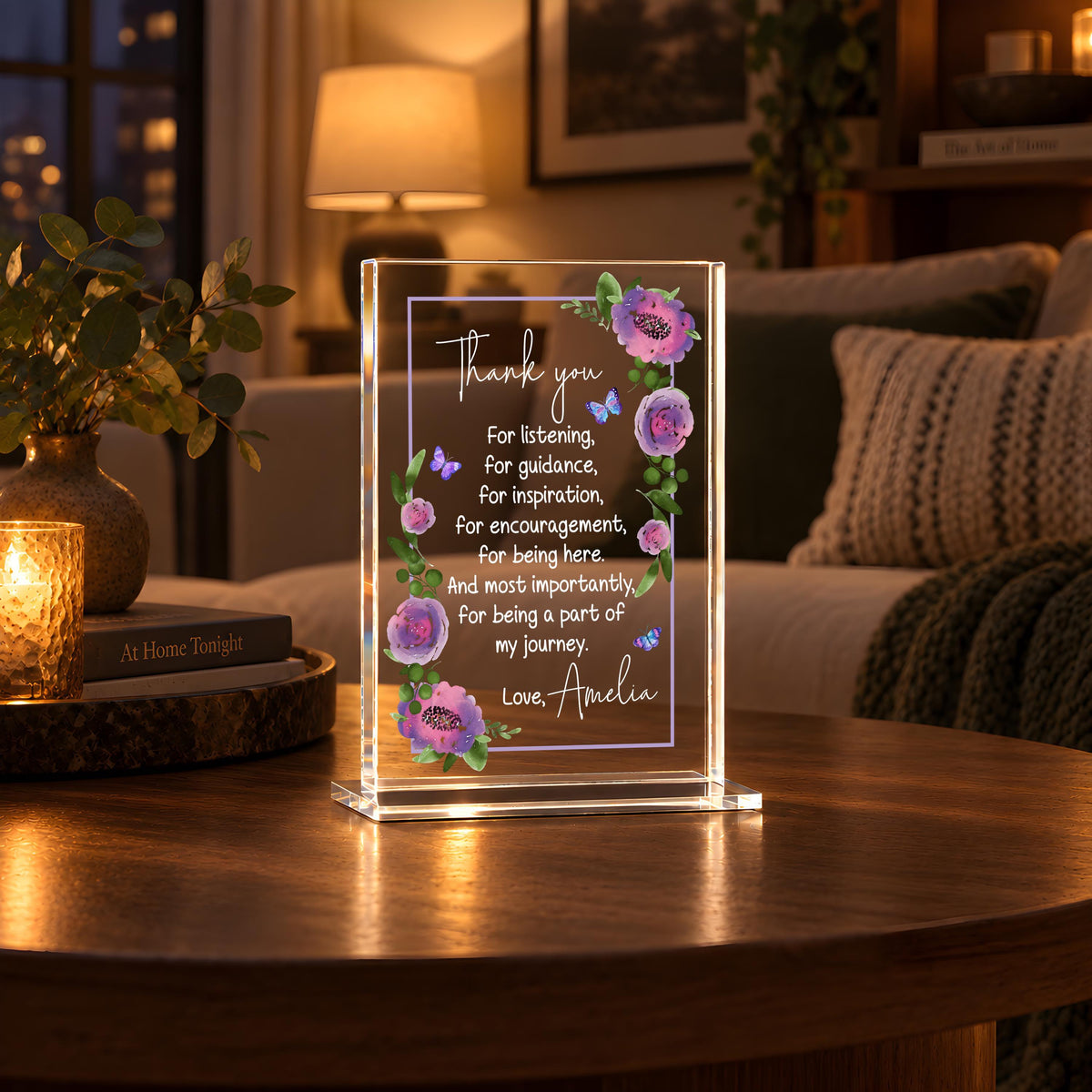Custom Floral Acrylic Thank You Plaque, Purple Flower Appreciation Gift