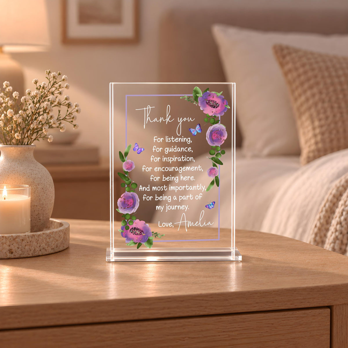 Custom Floral Acrylic Thank You Plaque, Purple Flower Appreciation Gift