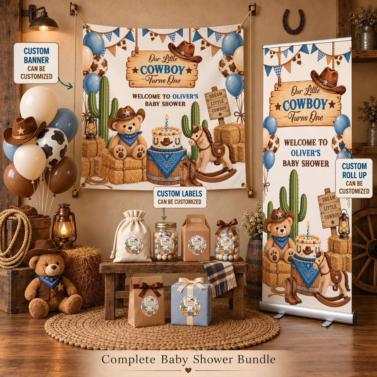 Custom Western Baby Shower Bundle, Little Cowboy Roll Up Banner and Favor Labels