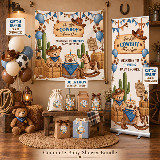 Custom Western Baby Shower Bundle, Little Cowboy Roll Up Banner and Favor Labels