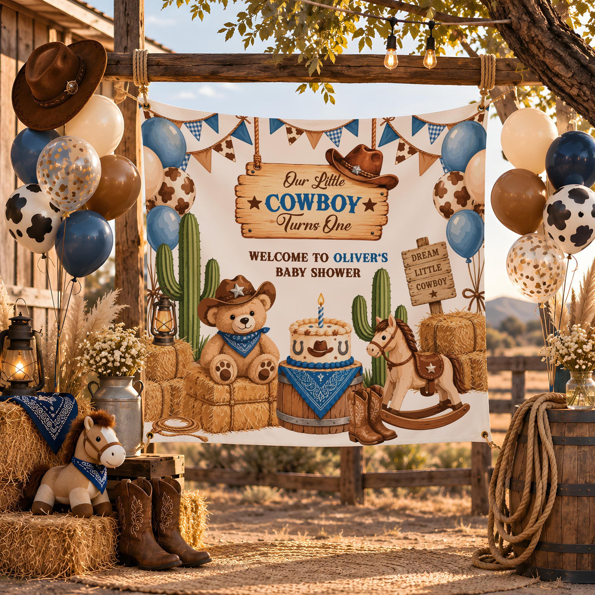 Custom Western Baby Shower Bundle, Little Cowboy Roll Up Banner and Favor Labels