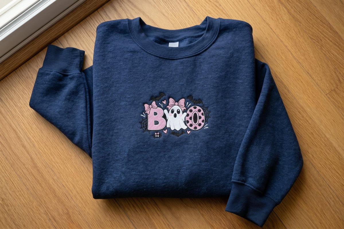 Embroidered Pink Bow Ghost Sweatshirt, Cute Boo Halloween Crewneck