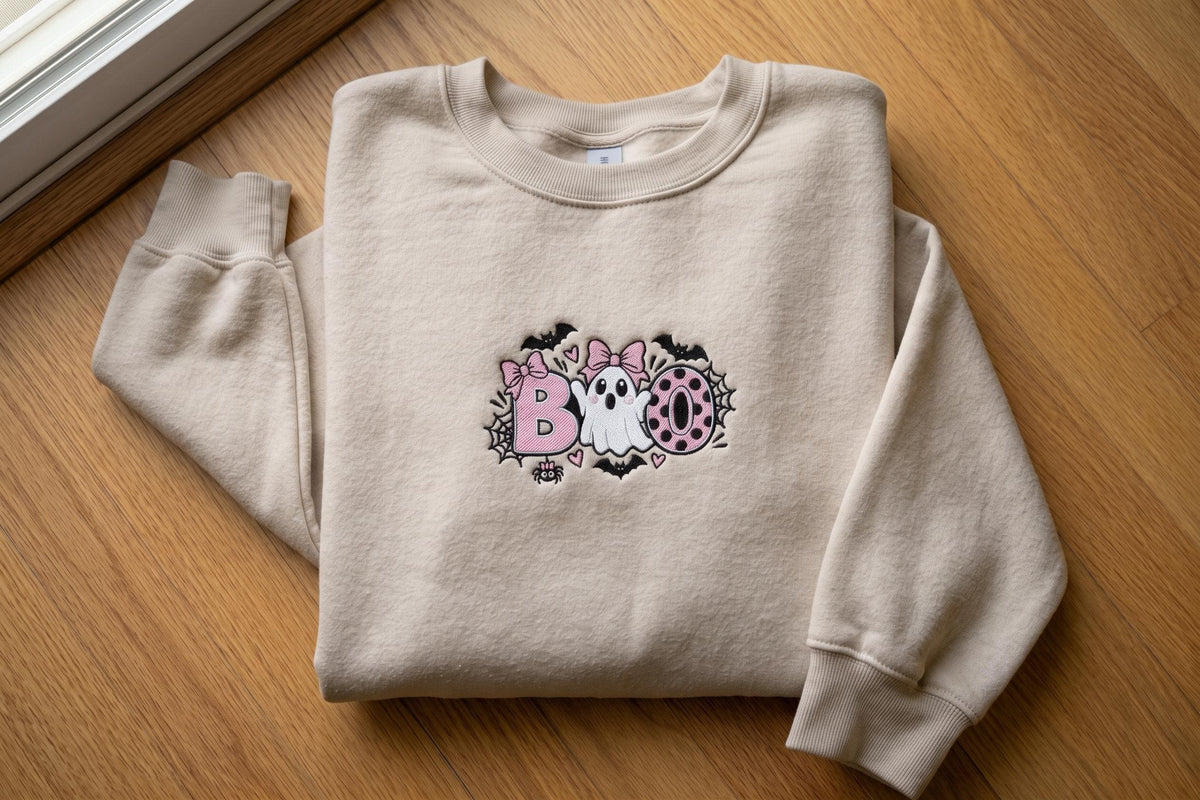 Embroidered Pink Bow Ghost Sweatshirt, Cute Boo Halloween Crewneck