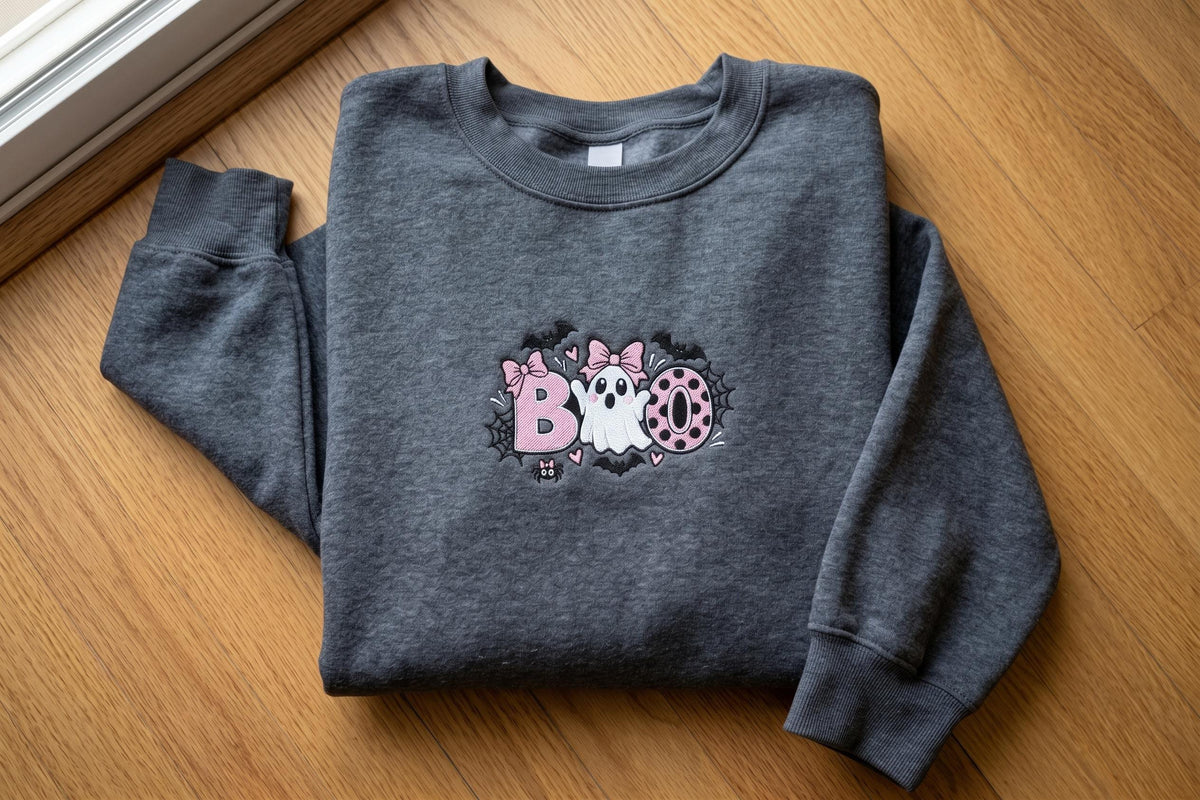 Embroidered Pink Bow Ghost Sweatshirt, Cute Boo Halloween Crewneck