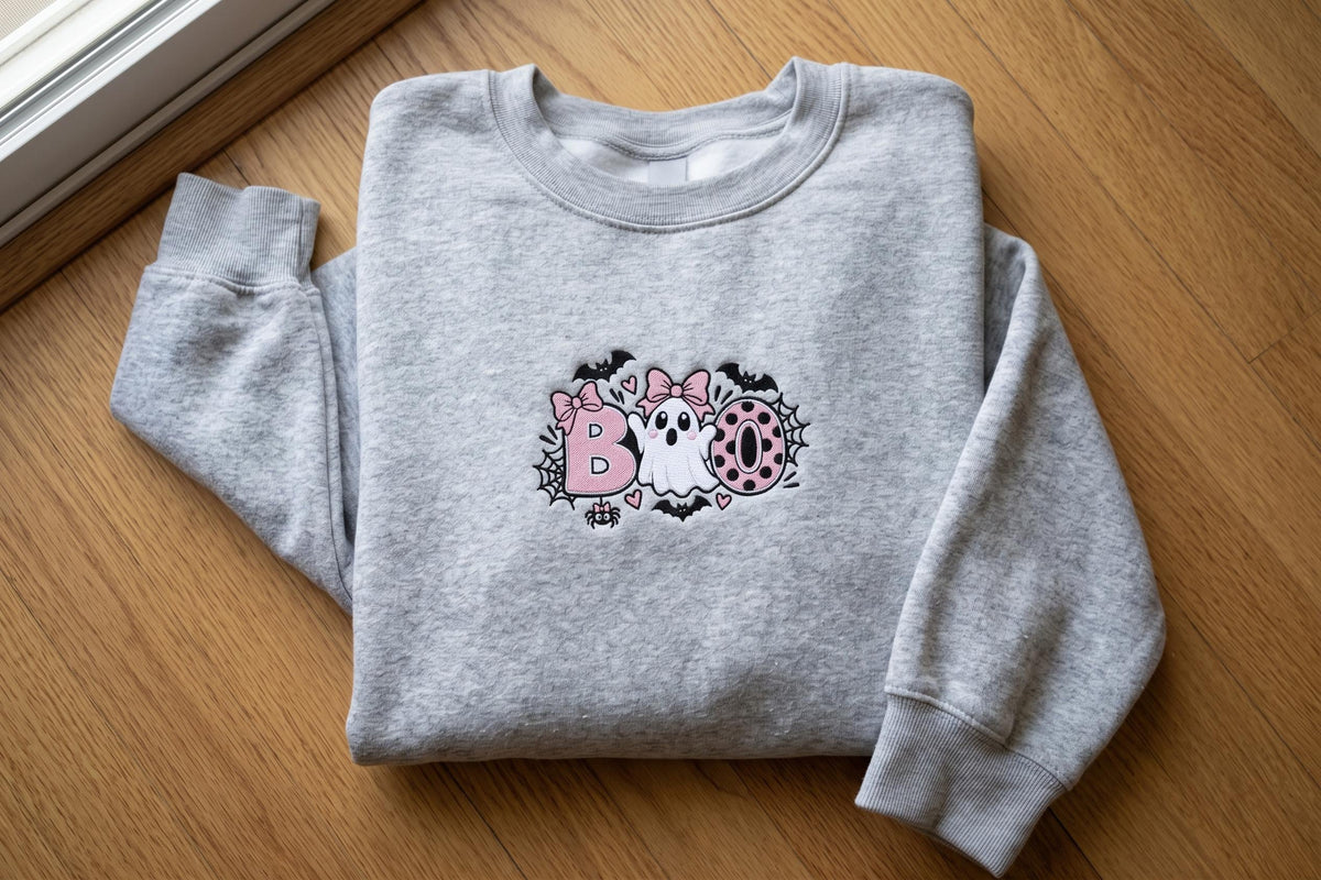 Embroidered Pink Bow Ghost Sweatshirt, Cute Boo Halloween Crewneck