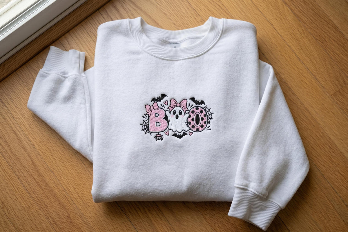 Embroidered Pink Bow Ghost Sweatshirt, Cute Boo Halloween Crewneck