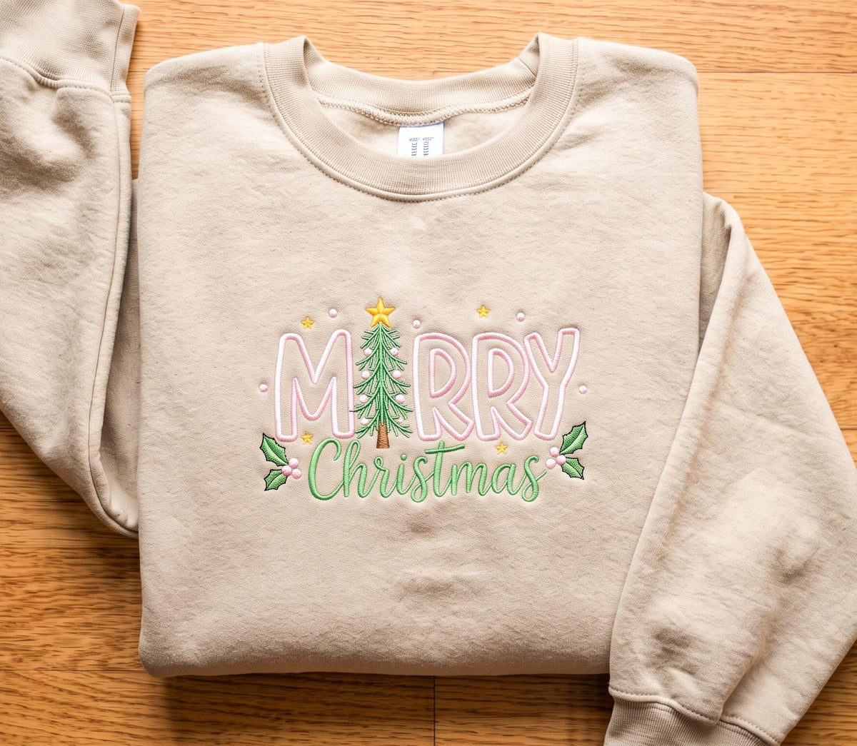 Embroidered Merry Christmas Sweatshirt, Pink and Green Christmas Tree Crewneck