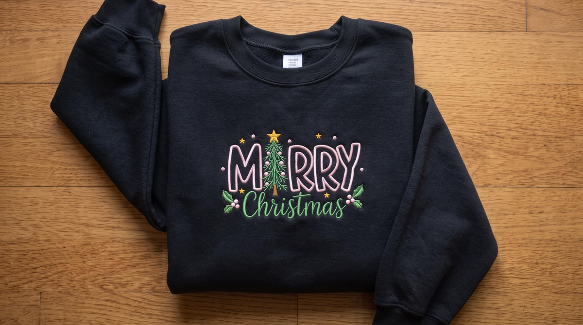 Embroidered Merry Christmas Sweatshirt, Pink and Green Christmas Tree Crewneck