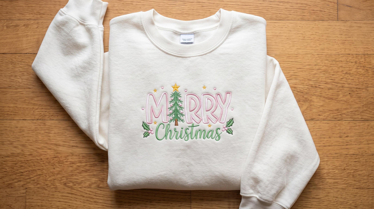Embroidered Merry Christmas Sweatshirt, Pink and Green Christmas Tree Crewneck