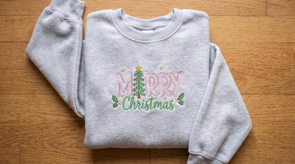 Embroidered Merry Christmas Sweatshirt, Pink and Green Christmas Tree Crewneck