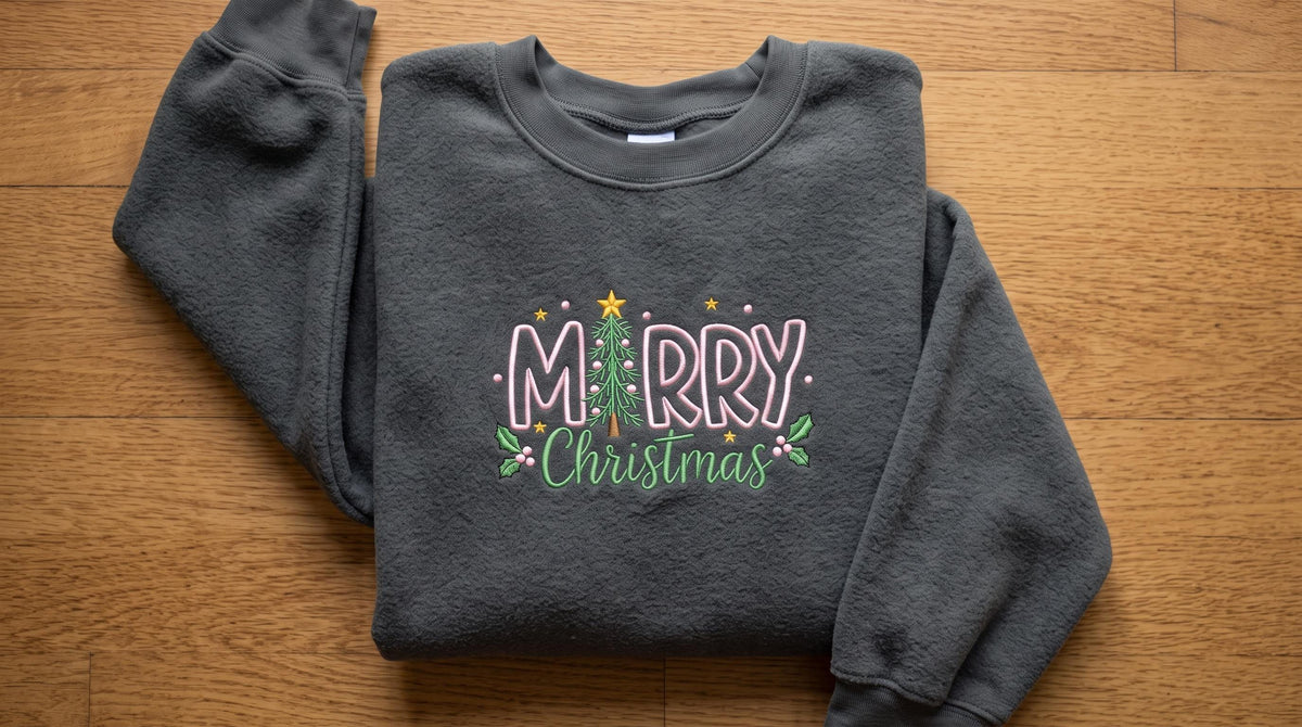 Embroidered Merry Christmas Sweatshirt, Pink and Green Christmas Tree Crewneck