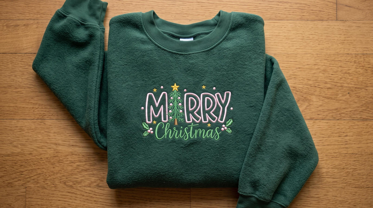 Embroidered Merry Christmas Sweatshirt, Pink and Green Christmas Tree Crewneck