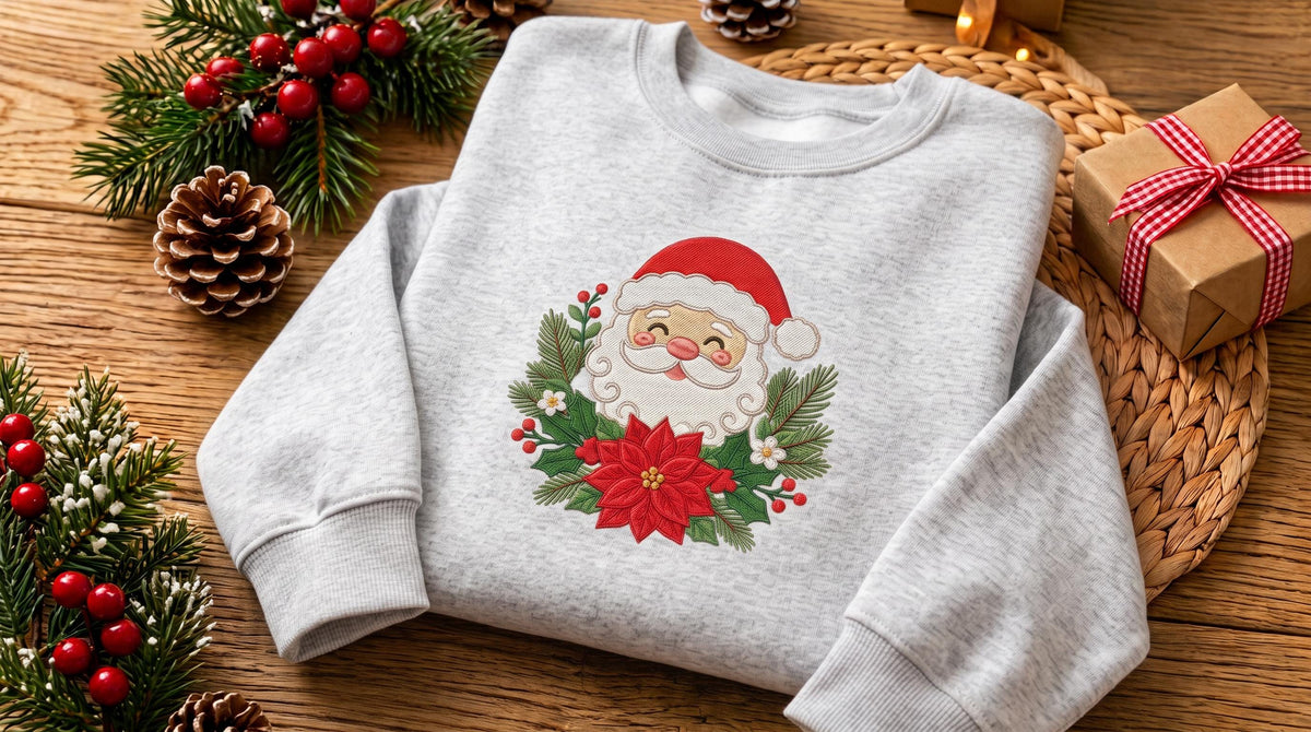 Embroidered Santa Claus Floral Sweatshirt, Poinsettia Christmas Crewneck