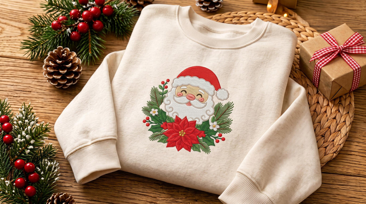 Embroidered Santa Claus Floral Sweatshirt, Poinsettia Christmas Crewneck