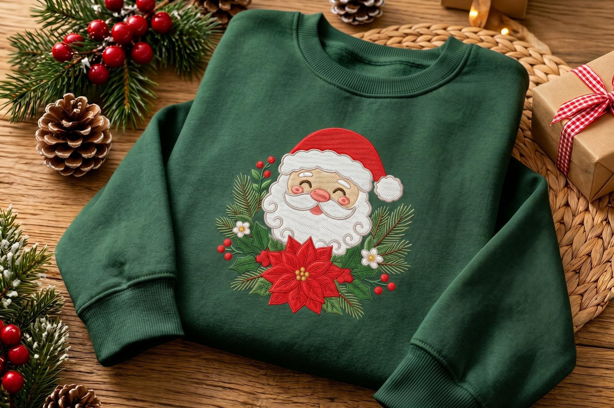 Embroidered Santa Claus Floral Sweatshirt, Poinsettia Christmas Crewneck