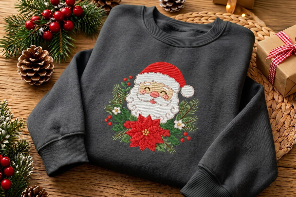 Embroidered Santa Claus Floral Sweatshirt, Poinsettia Christmas Crewneck