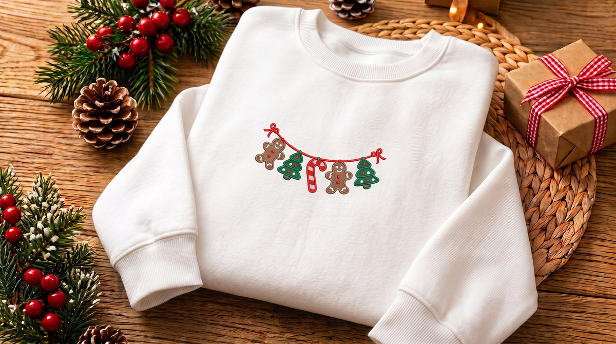 Christmas Gingerbread Embroidered Sweatshirt, Xmas Tree Garland Holiday Crewneck
