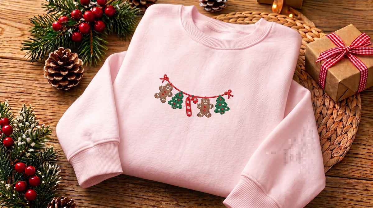Christmas Gingerbread Embroidered Sweatshirt, Xmas Tree Garland Holiday Crewneck