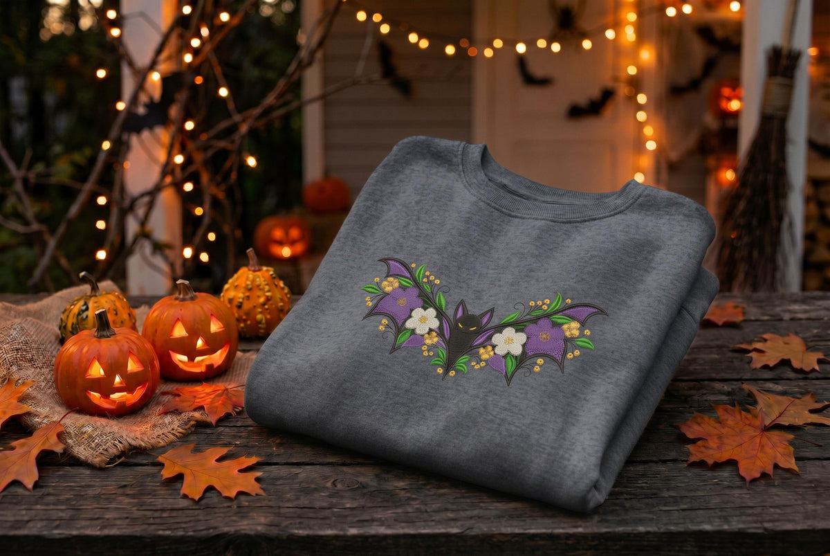 Embroidered Botanical Floral Bat Sweatshirt, Fall Halloween Crewneck