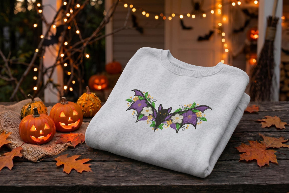 Embroidered Botanical Floral Bat Sweatshirt, Fall Halloween Crewneck