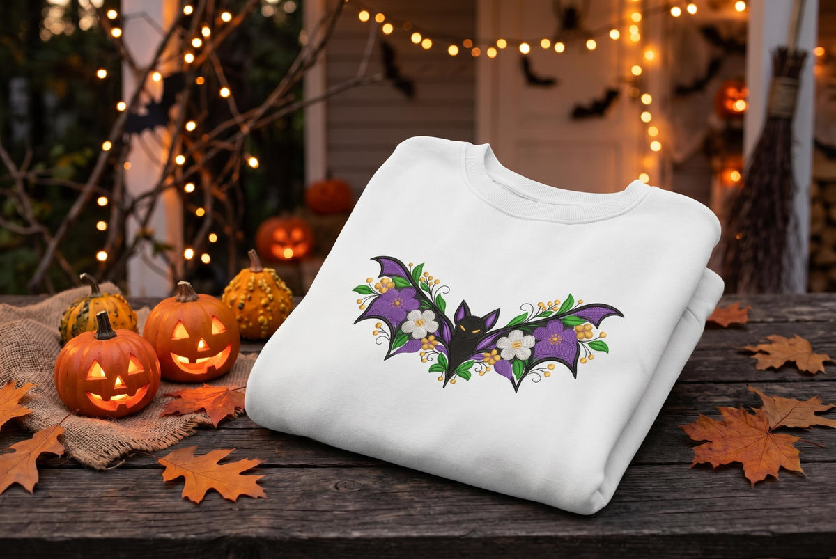 Embroidered Botanical Floral Bat Sweatshirt, Fall Halloween Crewneck