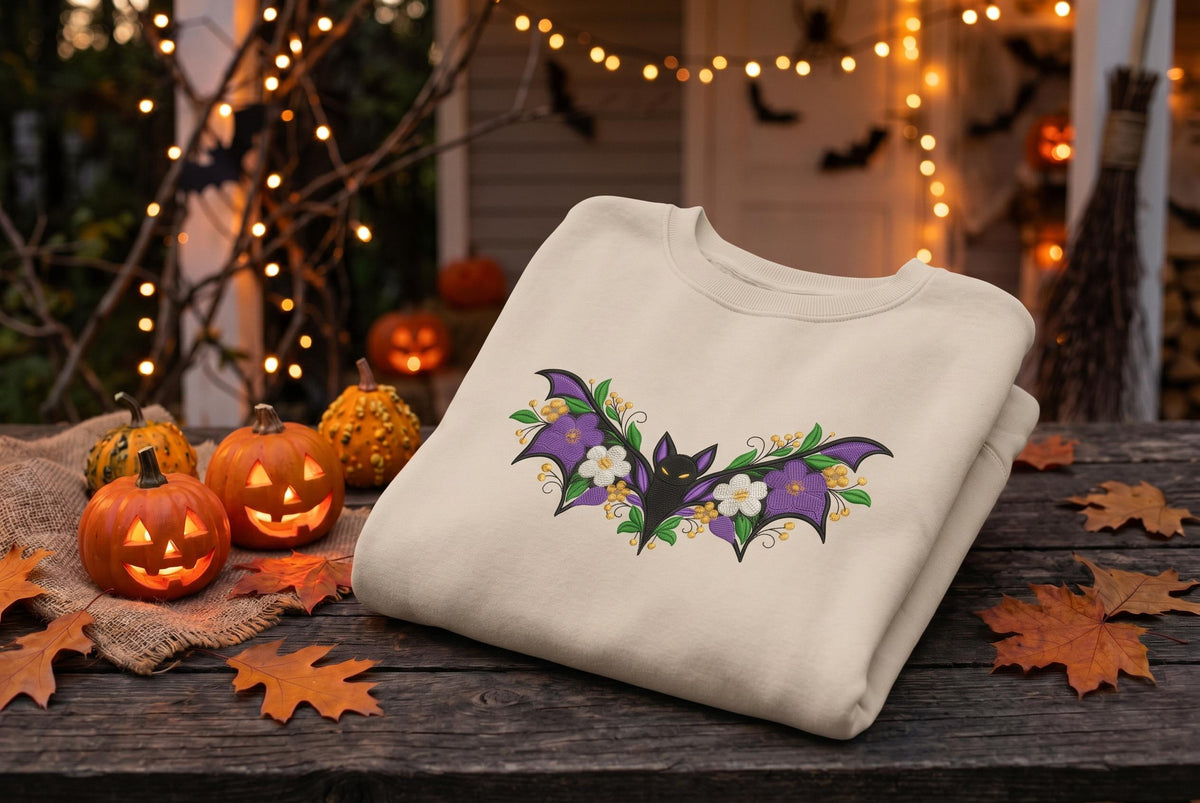 Embroidered Botanical Floral Bat Sweatshirt, Fall Halloween Crewneck