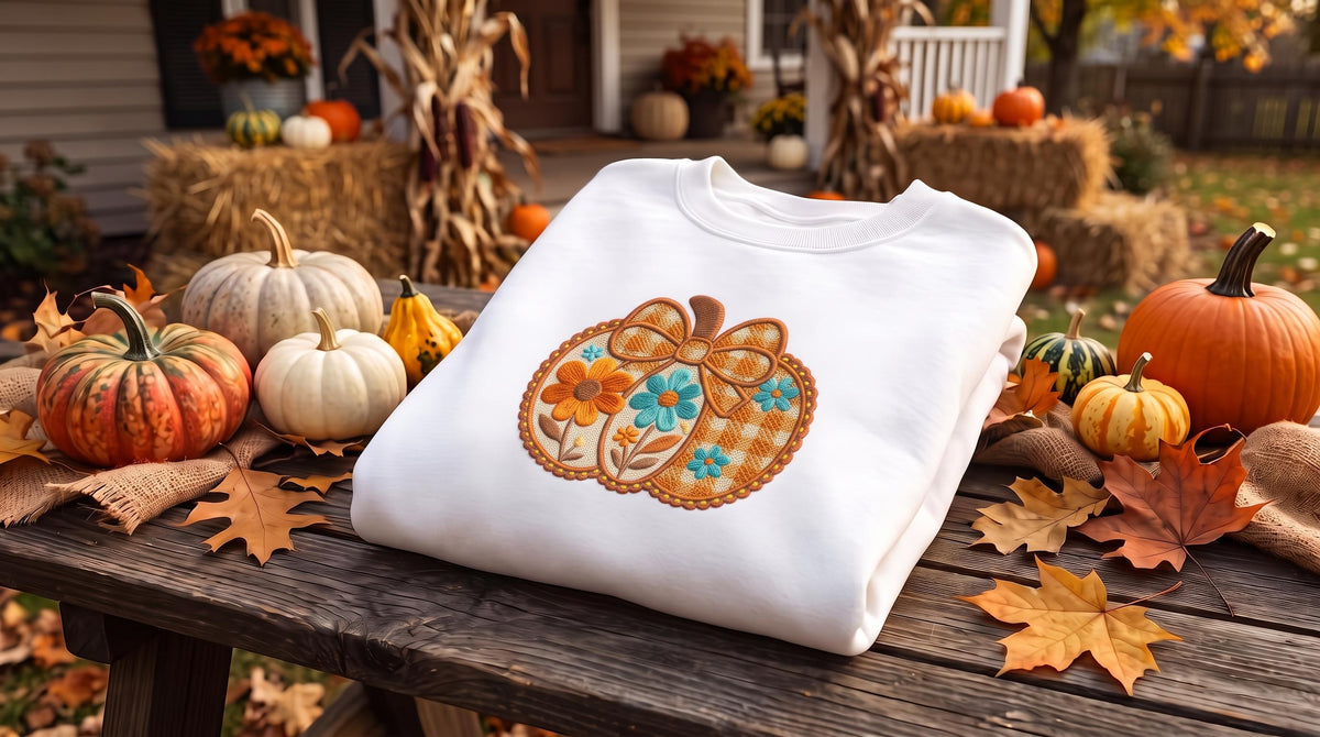 Embroidered Fall Pumpkin Sweatshirt, Floral Patchwork Autumn Crewneck