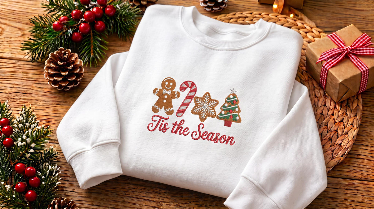 Tis the Season Embroidered Christmas Sweatshirt, Gingerbread Cookie Crewneck