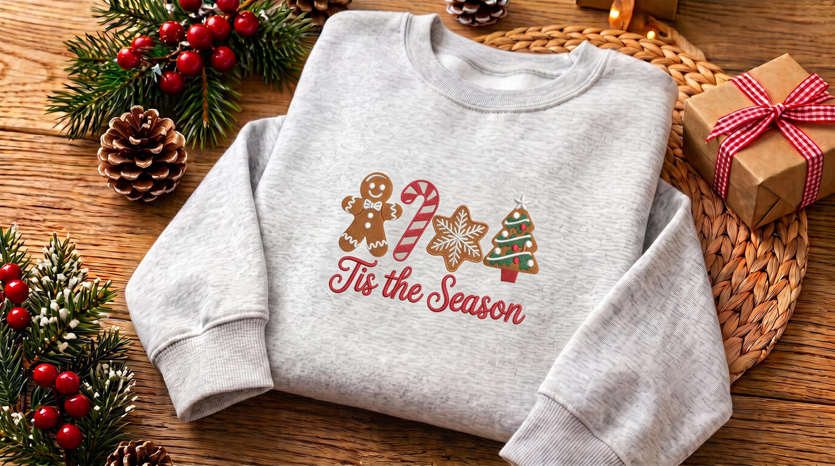 Tis the Season Embroidered Christmas Sweatshirt, Gingerbread Cookie Crewneck