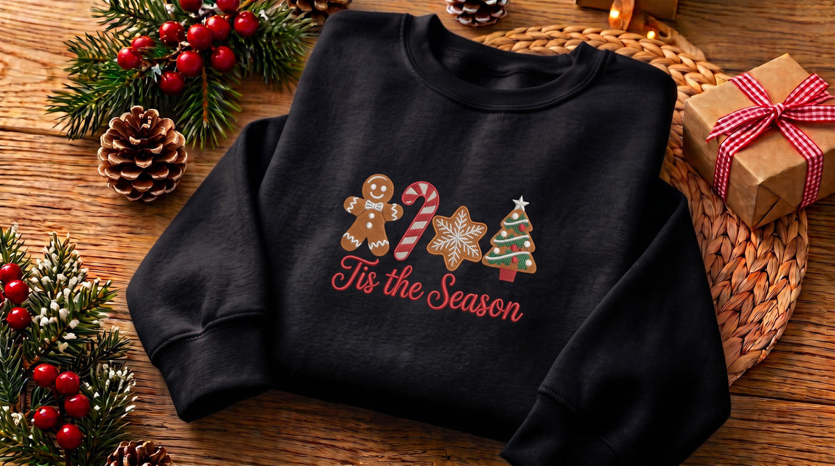 Tis the Season Embroidered Christmas Sweatshirt, Gingerbread Cookie Crewneck