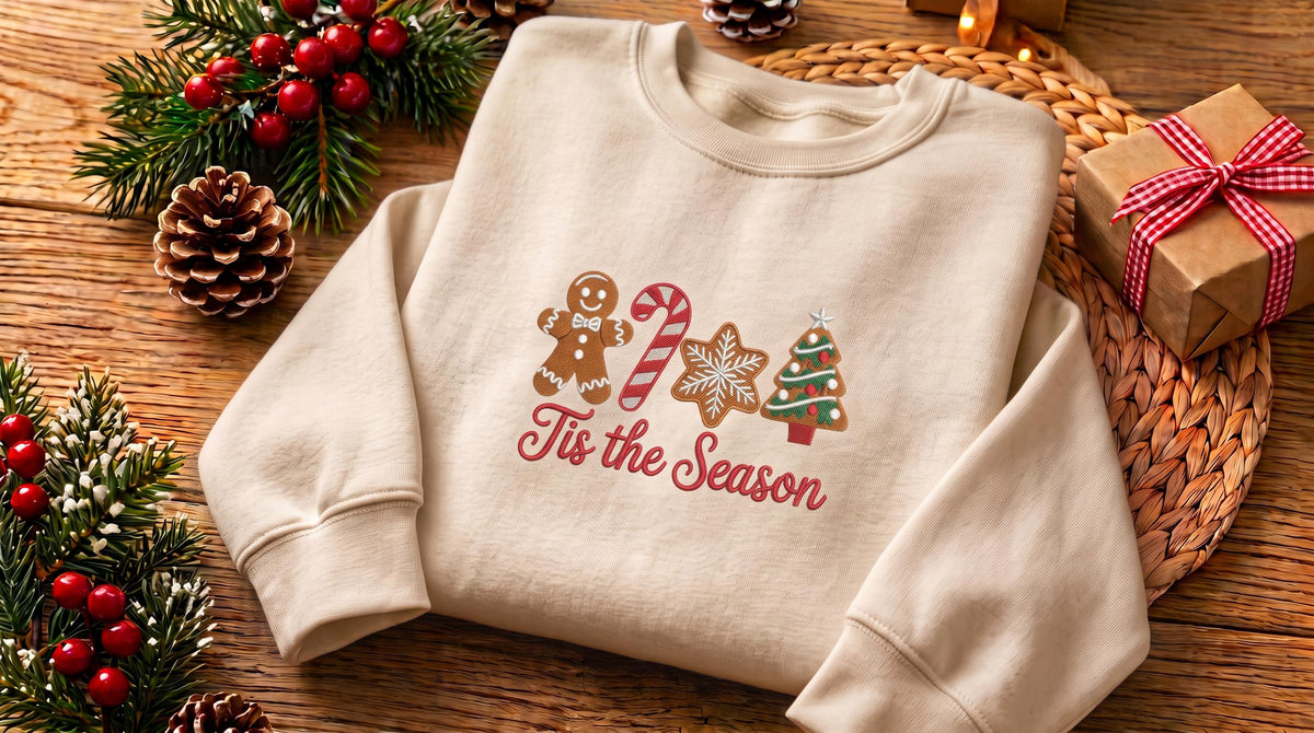 Tis the Season Embroidered Christmas Sweatshirt, Gingerbread Cookie Crewneck
