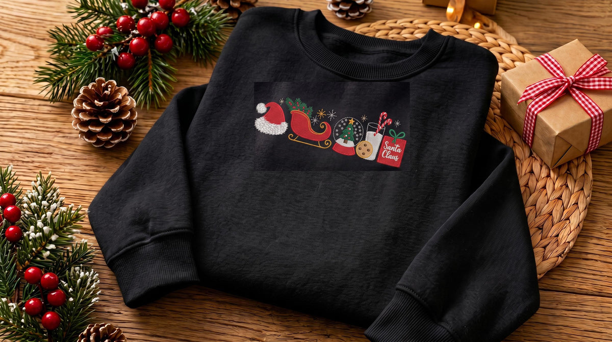 Embroidered Christmas Sweatshirt, Santa Sleigh and Snow Globe Crewneck