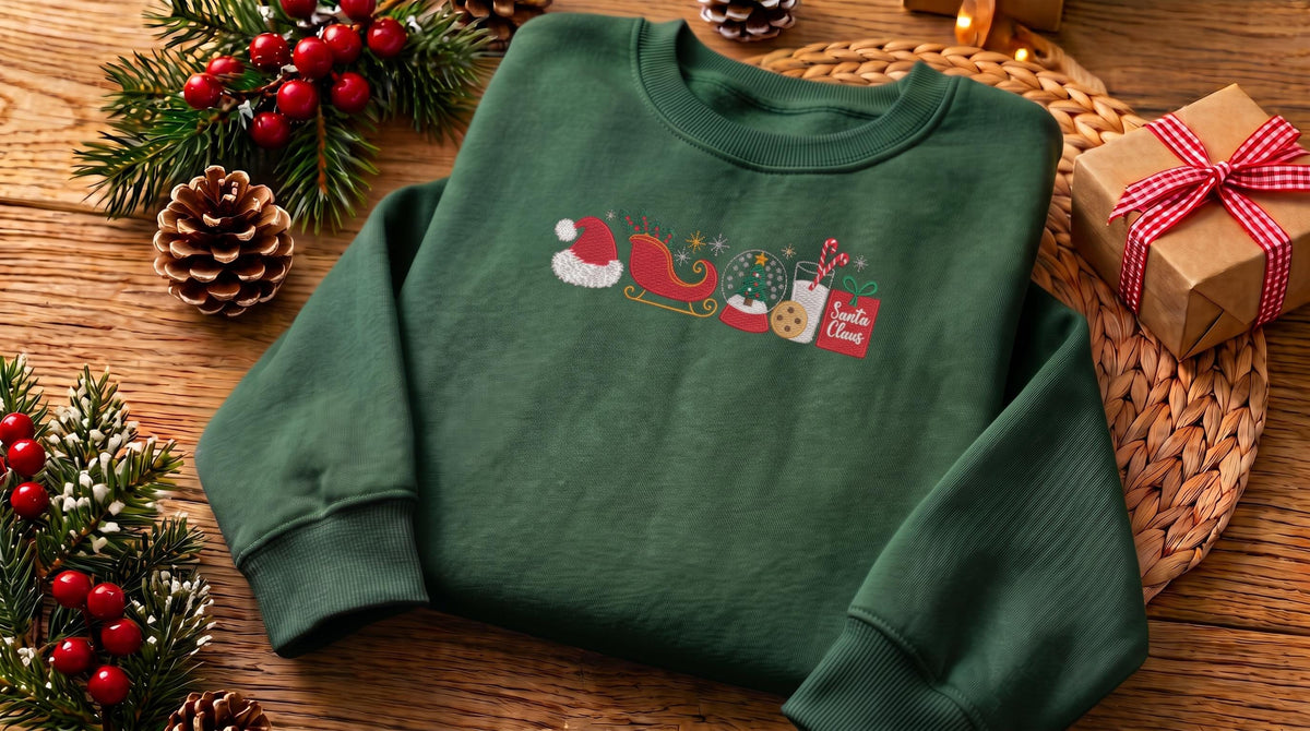 Embroidered Christmas Sweatshirt, Santa Sleigh and Snow Globe Crewneck