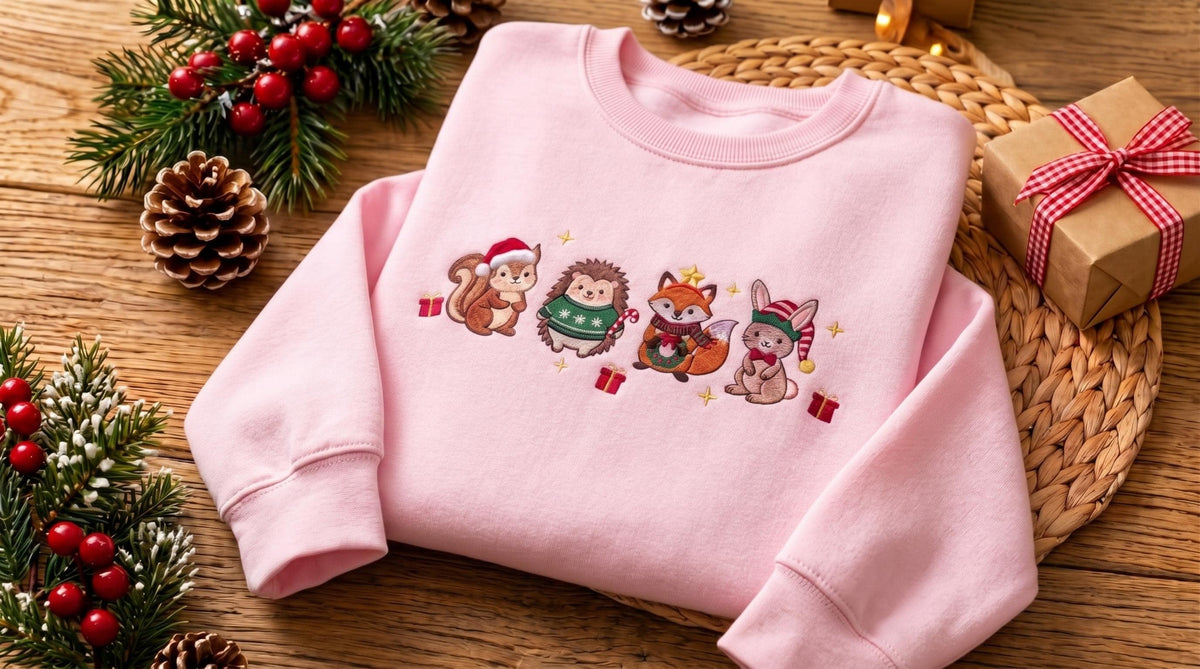 Woodland Animals Christmas Sweatshirt, Festive Fox and Hedgehog Embroidered Crewneck