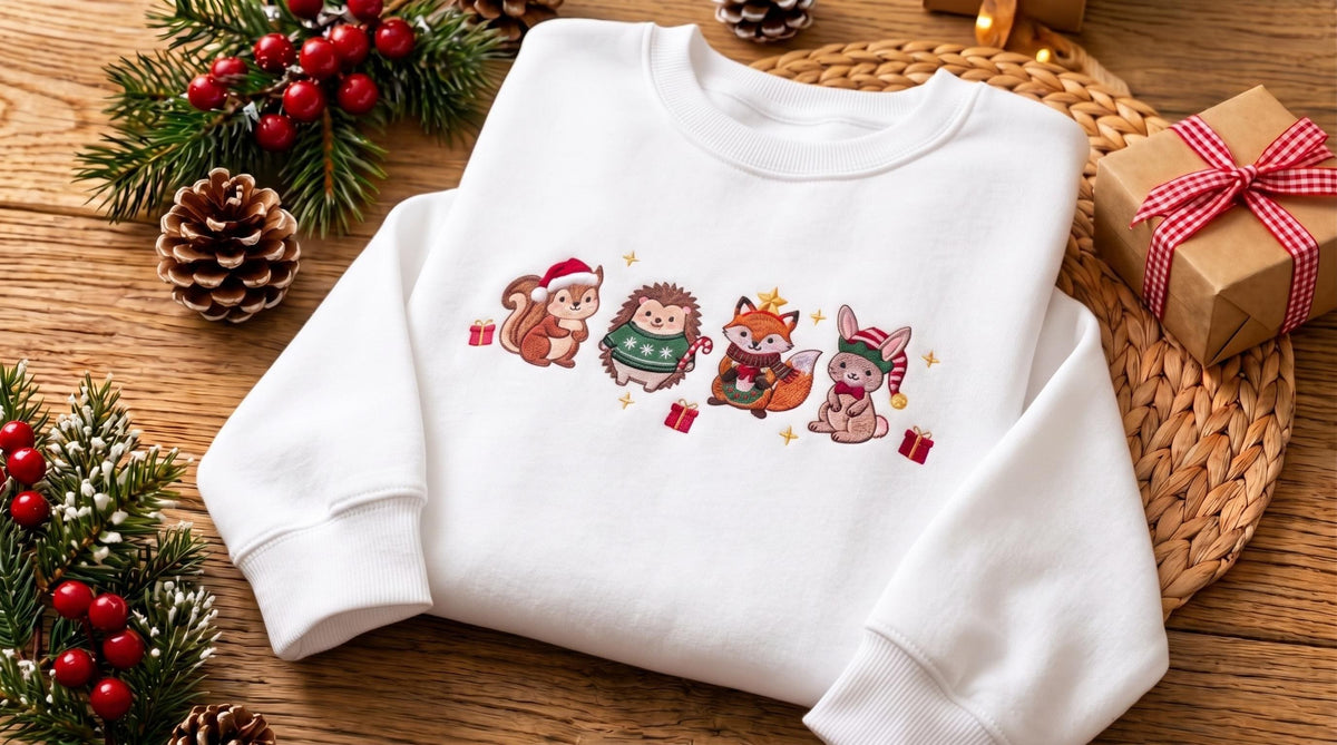 Woodland Animals Christmas Sweatshirt, Festive Fox and Hedgehog Embroidered Crewneck