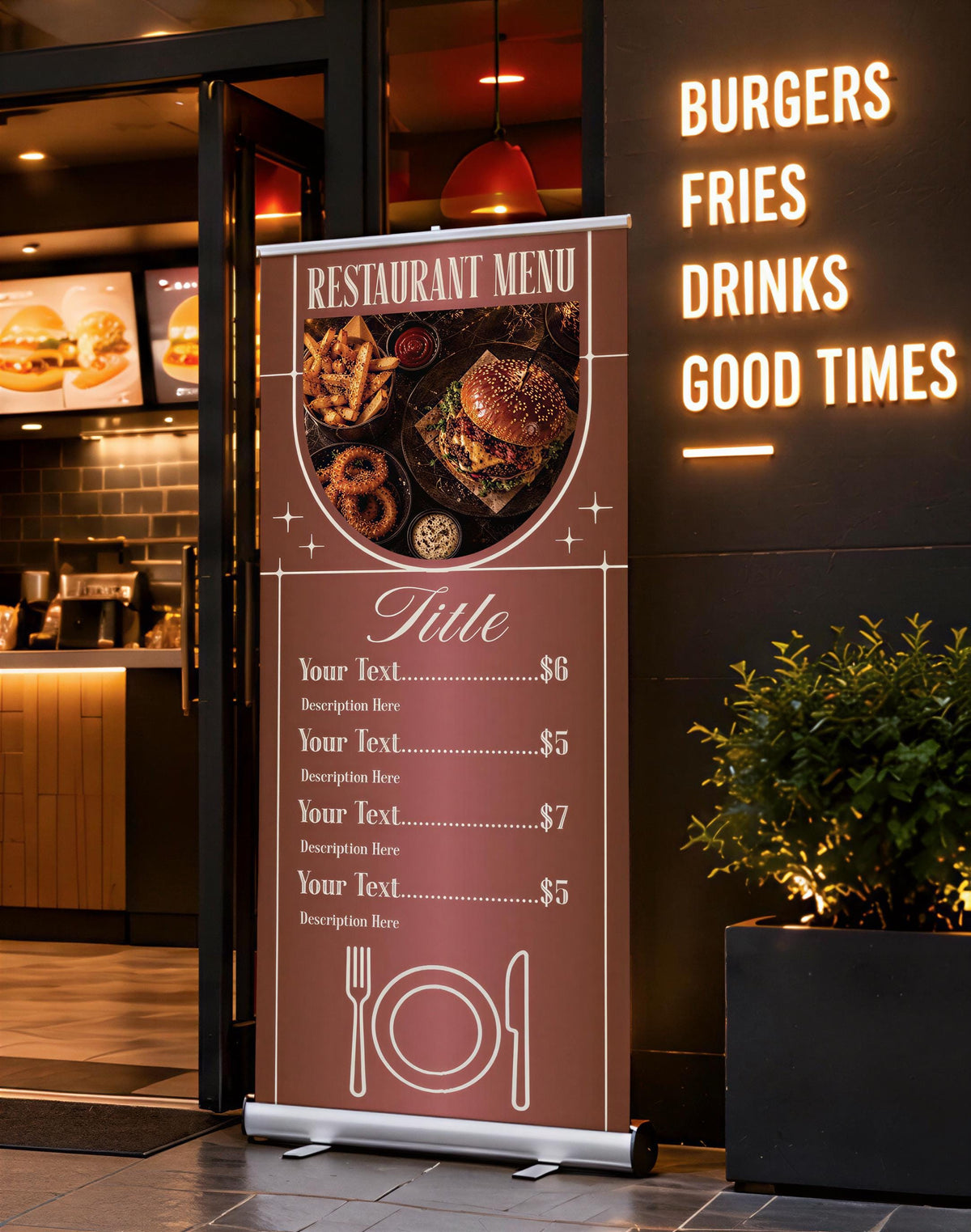 Custom Restaurant Menu Roll Up Banner, Cafe Sidewalk Display Sign