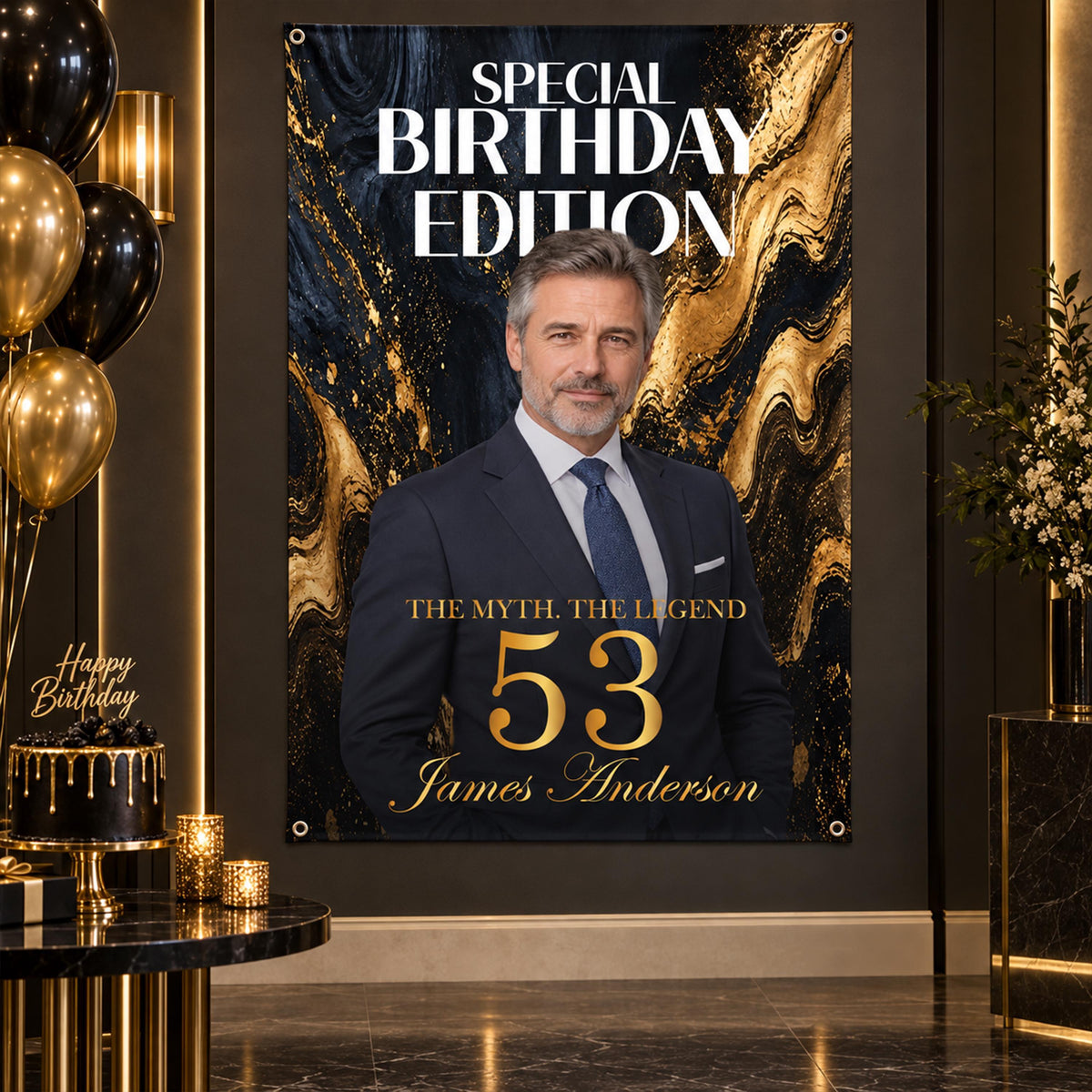 Custom 30th Birthday Photo Backdrop, Black Gold King Party Banner