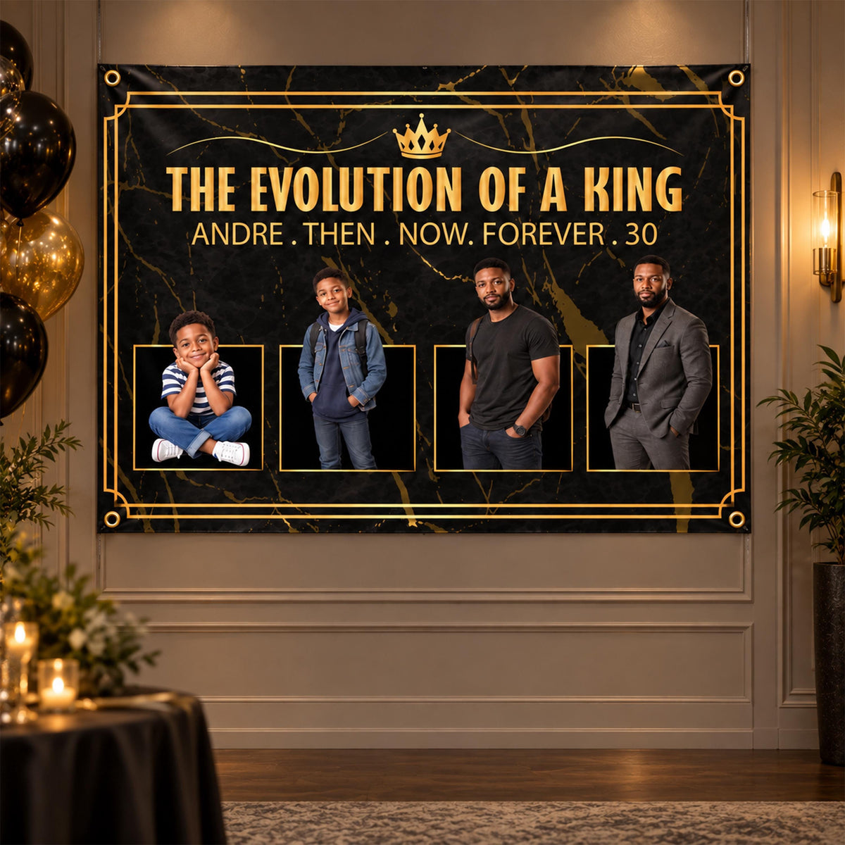 Custom 30th Birthday Photo Backdrop, Black Gold King Party Banner